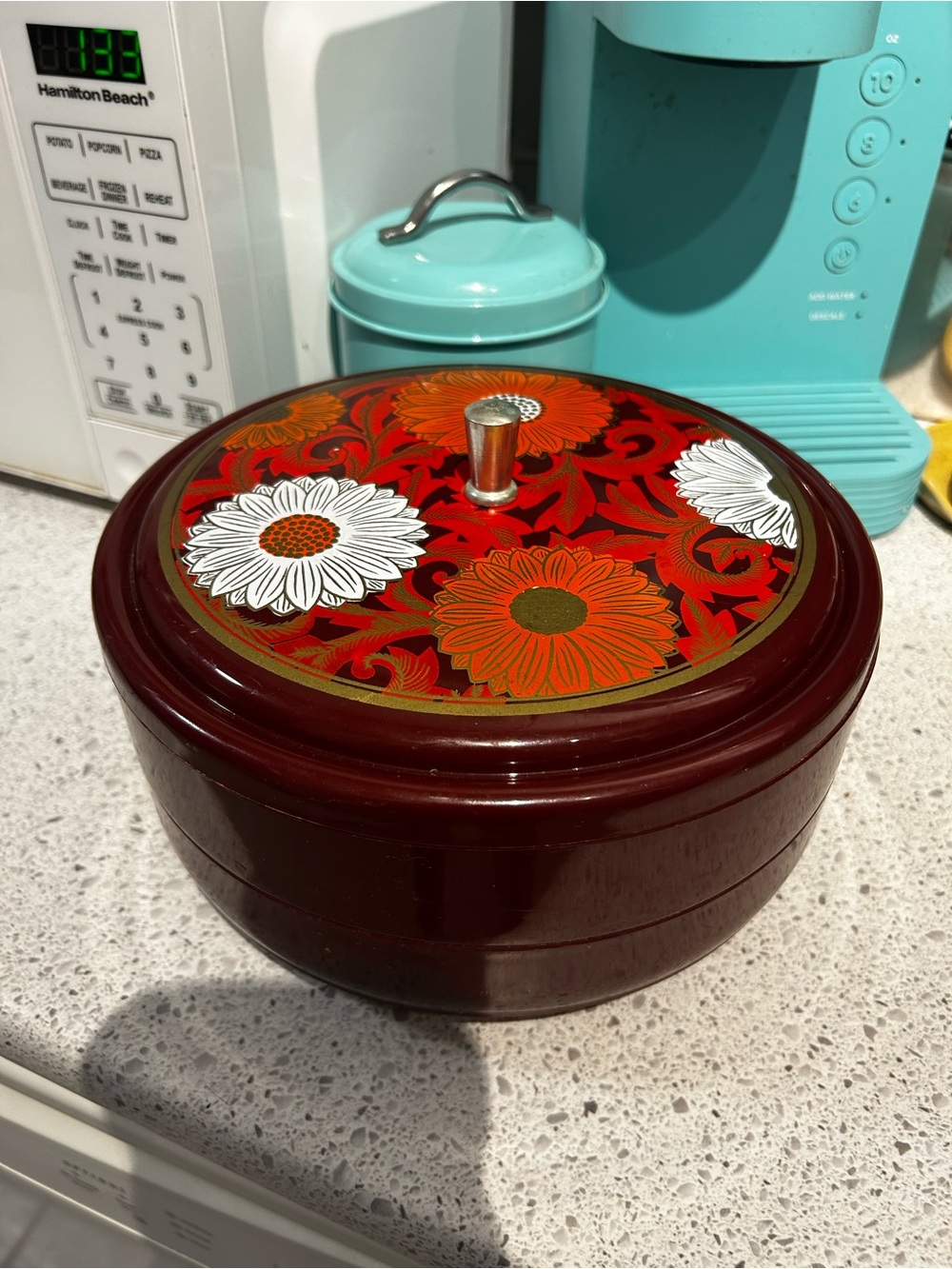 Vintage Floral Round Lacquered Trinket Box - Red & White Flowers